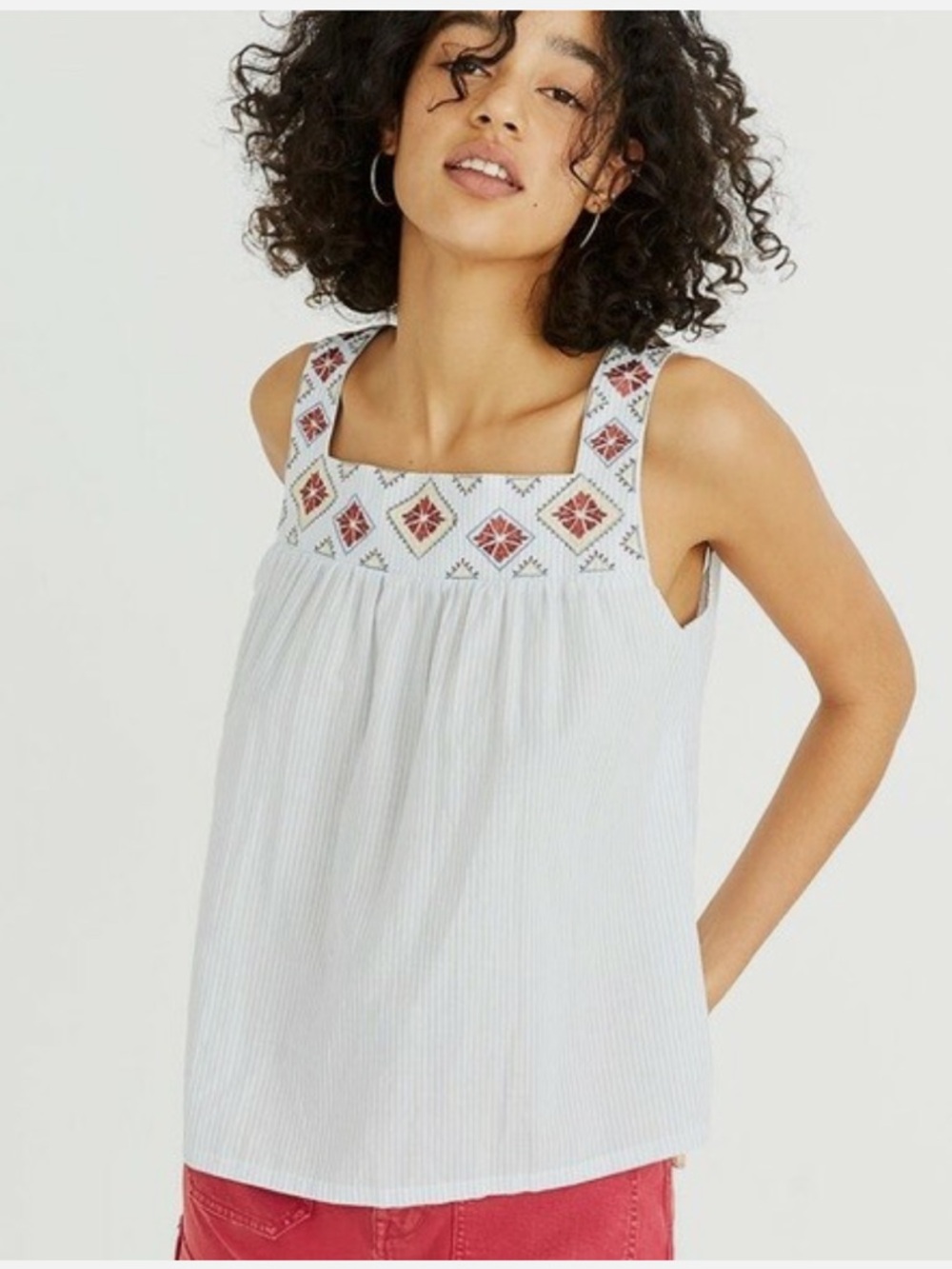 Madewell Embroidered Island LINEN Square-Neck Tank Top Geometric Diamond